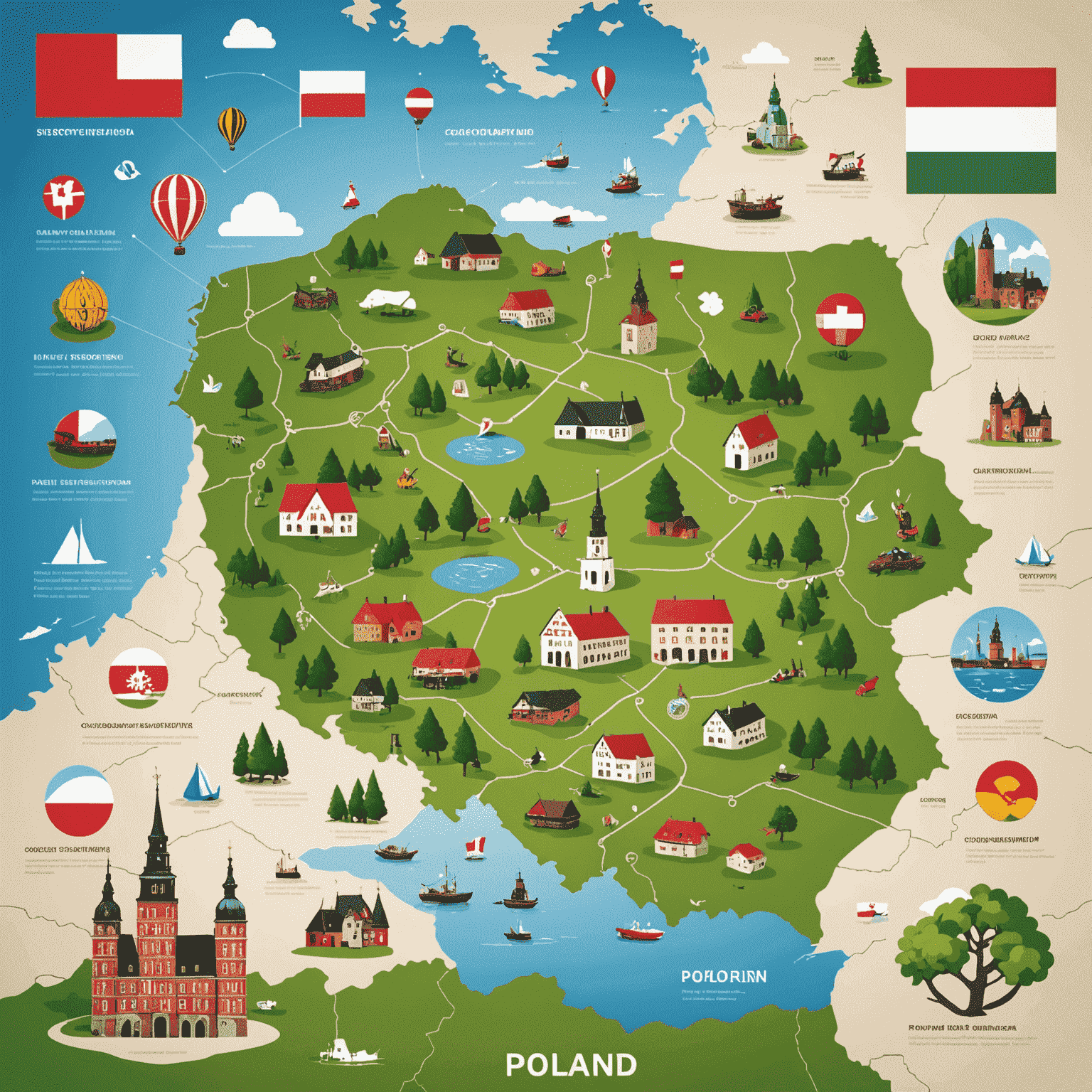 Kompleksowe usługi lokalizacyjne, pokazujące mapę Polski z ikonami reprezentującymi różne aspekty kultury i biznesu